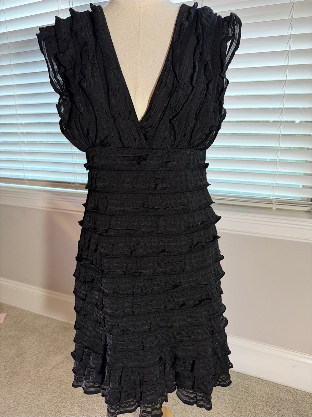 Elegant Black Ruffled V-Neck Midi Dress